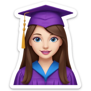 girl with beautiful extremely long brown hair, blue eyes, long lashes makeup, sexy pink lips, wearing a purple graduation cap and gown sticker