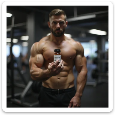 bodybuilder in gym, hyperrealism 4k, holding a vial labeled 'CARNITINA' sticker