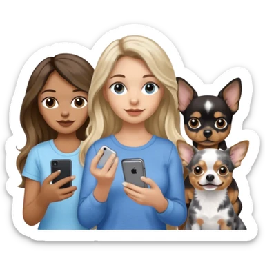 Three women in summer clothes holding iPhone, hazel eyed light skin with dark blonde long hair and Brown eyed,light skin black long wavy hair, blue eyed light skin long blonde hair that have 2 dogs, blue spotted Merle Frenchie and black and tan chihuahua  sticker