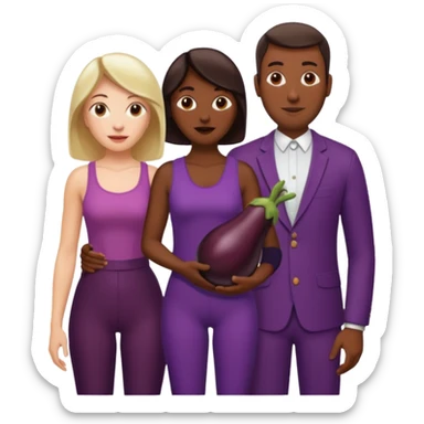 A white woman next to a dark man holding an aubergine in front the mans crotch area sticker