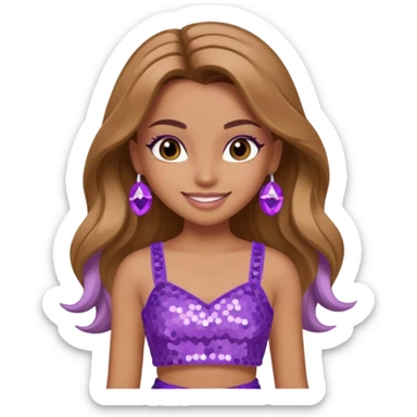 Yasmin from Bratz with long light brown hair, tan skin, brown eyes, lilac sequin crop top sticker