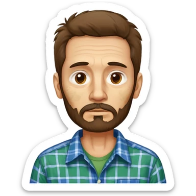 Skinny Hispanic man, 55 years old with light skin. Gaunt face with visible bone structure. Messy, tousled brown hair. Patchy brown beard that needs trimming. Tired eyes. Wearing an oversized green and blue checkered shirt on his thin frame. sticker