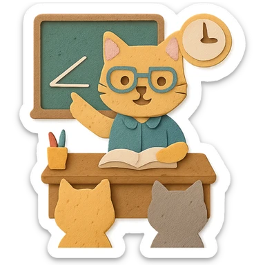 cat teacher sitting at a desk explaining to students, wearing glasses, classroom props visible, cute and charming style, paper craft style sticker
