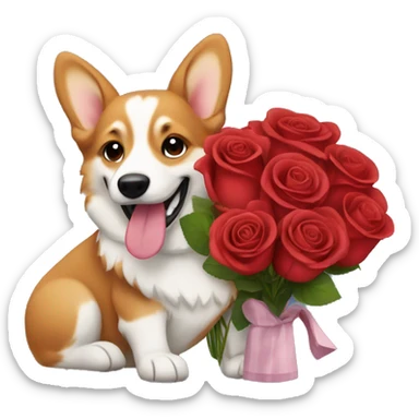 Red rose bouquet with a happy corgi sticker