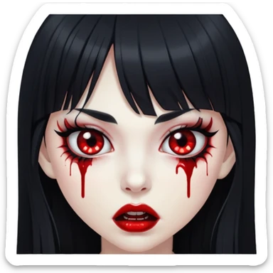 Vampire girl white skin black long hair with bangs, eyeliner, big lashes, blood on mouth sticker
