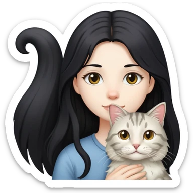 A girl with long black hair with a long haired tabby cat sticker