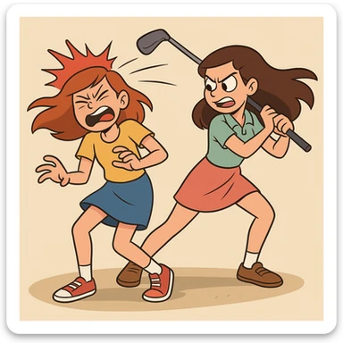 two girls, one striking the other with a golf club, exaggerated motion, vibrant colors sticker