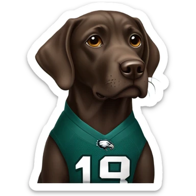 Chocolate Labrador wearing a Philadelphia Eagles jersey sticker