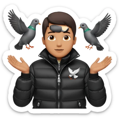 puffer shiny black jacket man open arms looking at a flying pigeon sticker