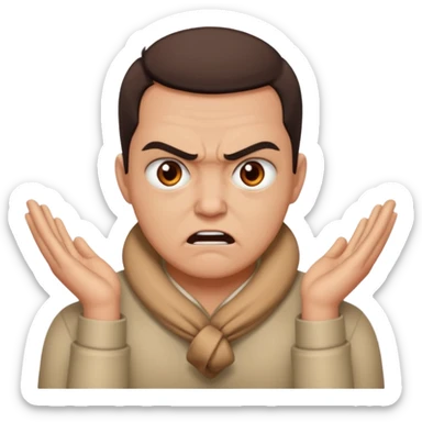 a bust of a person with both their hands around their neck with a angry face sticker