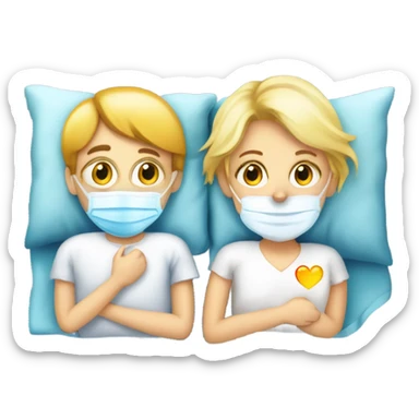 Two blonde children, sick, wearing masks, one Boy, one girl, sick in beds, at home, get well soon sign with yellow heart sticker