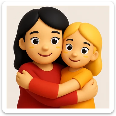 Change colors: girl with blonde hair and orange t-shirt, mother with black hair and red dress, in 3D emoji style. sticker