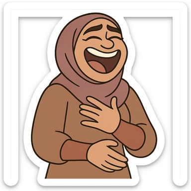 hijabi woman with medium fair skin, laughing, cartoon style sticker