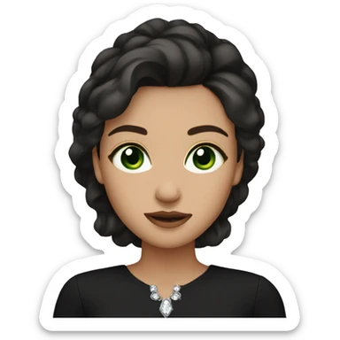 Medium complexion brunette with green eyes wearing a black blouse with crystals sticker