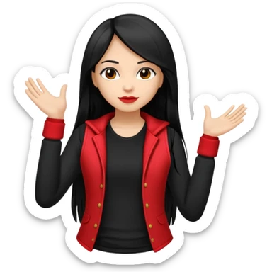 Girl with long light black straight hair and black vest and red and black stack of clothes long-sleeved on hands   sticker