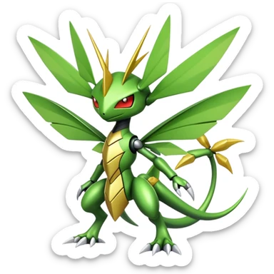 Cute Cool Edgy Shiny Futuristic Ethereal Legendary Kartana-Digimon-Scyther-Scizor-hybrid full body sticker