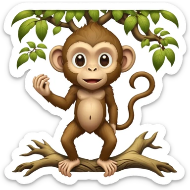 A mythical being standing on human feet with gnarly tree roots for legs and a playful monkey face sticker