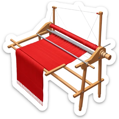 rigid heddle weaving loom set up for weaving a bright red scarf, with red yarn on a stick shuttle laying across the warp threads sticker