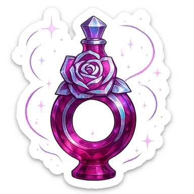 prabangus eliksyro buteliukas, rožės žiedo forma, sodri rožinė spalva, sidabrinės ir holografinės detalės, maksimaliai daug magiškų efektų, labai mažas kaklelis, vientisas dugnas, buteliukas plūduriuoja ore, be pagrindo ar šešėlio, modernus, kolekcijai tinkamas sticker