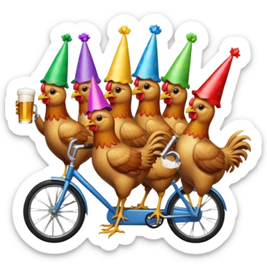 Ten chickens on a partybike while drinking beer sticker