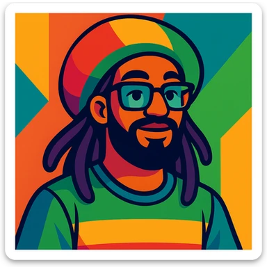hombre con barba y lentes, estilo reggaetoonero, vibrante, moderno sticker