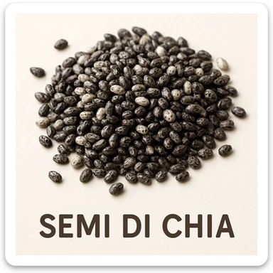 photo realistic close-up of black and white chia seeds on a light background with the text 'semi di chia' in Italian sticker