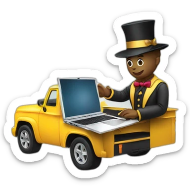 magician programming a laptop with an emoji of a truck on the laptop screen sticker