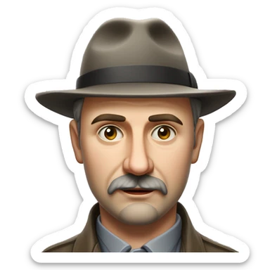 Russian writer Alexander Kuprin Photorealism A plump serious man of Slavic appearance with Small eyes with goatee beard and mustache, with a  short haircut, big detailed face, wrinkled face, wearing a fedora hat sticker