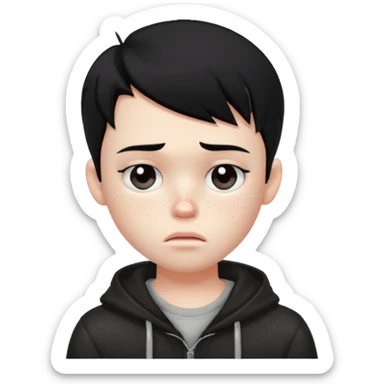 a PRETTY BRATZ boy with black long hair looking sad and covering his face sticker