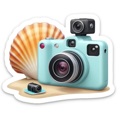 A seashell with a tiny camera next to it, symbolizing capturing beach memories. Playful, modern emoji style, soft pastel colors, white background. sticker