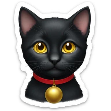 Black kitten with yellow eyes and a red collar with a little bell sticker
