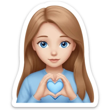 A girl with long light brown hair and blue eyes, soft pastel style, elegant, minimalistic, gentle light doing a heart with her hands sticker