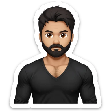 generate a pretty bratz Shahid kapoor with heavy beard and looking angry.
Make him wear a black full sleeve v neck tshirt. muscular but still lean
He shoudl look like shahid kapoor. Long messy black hair sticker