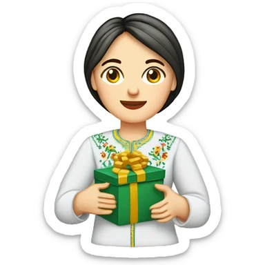 A female teacher in Ukrainian embroidery holds a gift in her hand sticker