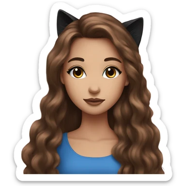 pretty girl brown long hair makeup with black kitten and blue eas sticker