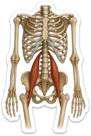 fai un immagine identica che riguarda IL MUSCOLO PSOAS i in evidenza (anatomicO) con colori naturali di un corpo umano. falla iperrealistica anatomica in 4k sticker