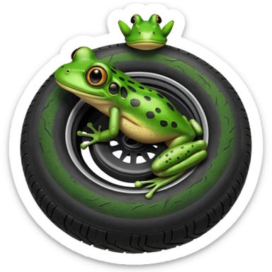Frog head on top of tire. The tire is the body and the legs are on the bottom of the tire sticker