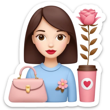 Minimal feminine icon representing girls’ lifestyle, subtle elements of lipstick, coffee cup, flower, handbag merged into one simple symbol, pastel color palette, flat design, modern and friendly, social media–ready. sticker