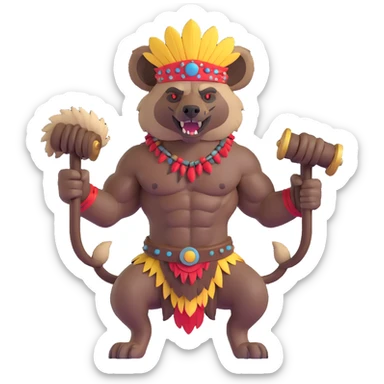 A native strong buff hyena with war bonnet flexing posing full body holding a chopped off human head by the hair  sticker