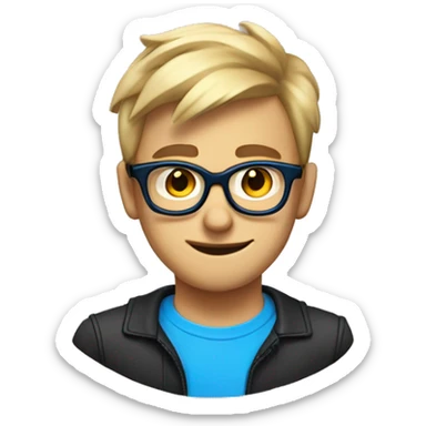 a nerd, with dirty blonde hair, blue and black glasses, with a very devil like smirk on his face. His haircut is a low taper fade sticker