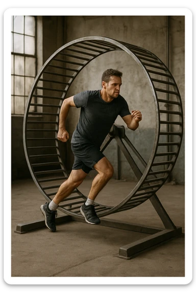 uomo che corre dentro la ruota del criceto come un circolo vizioso immagine realistica sticker