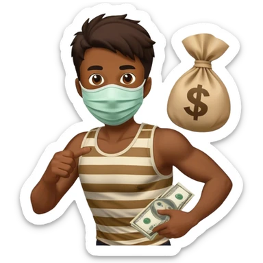 robber running with a stripped top and a money bag over his shoulder and a mask  sticker