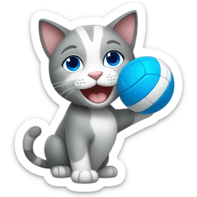 a happy gray cat with blue eyes and a volleyball sticker