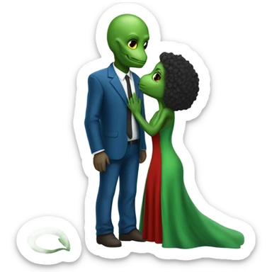 Beatiful tall green skin female reptilian in red dress, kissing white man in blue dress, full figure, full body sticker