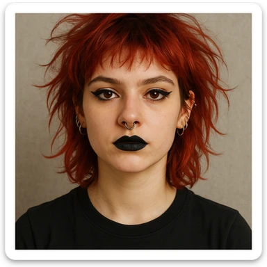 A fair-skinned girl with messy cherry red hair, black t-shirt, bold eyeliner, black lipstick, septum and multiple ear piercings, facing forward. sticker
