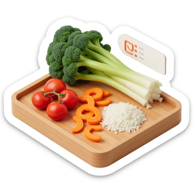 Ingredients on teh wooden cutting board with floating list with check box sticker