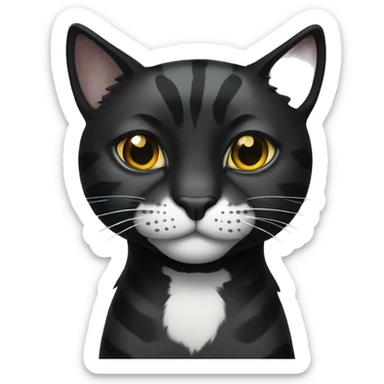 Black tiger cat with white dot on mouth, white neck sticker