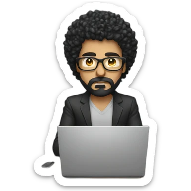 angry men with black curly hair and beard with golden glasses working on computer sticker
