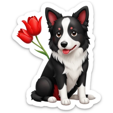 A cute  little  Black and white Border Collie and tulip sticker