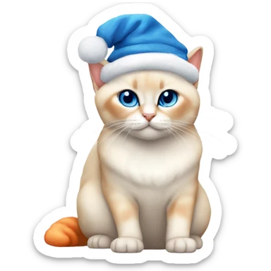 chubby flame point Siamese, white fur with orange accents and blue eyes wearing a red christmas hat  sticker